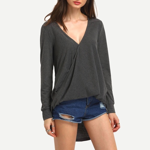 Tops - Surplice Faux Wrap High Low French Tuck Top Grey